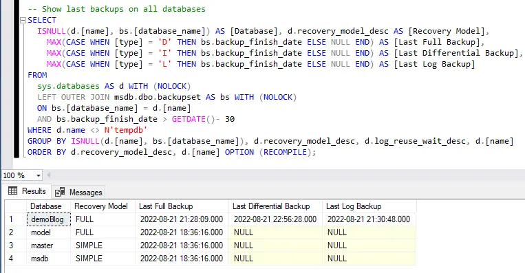 Script showing last backup times in SQL Server