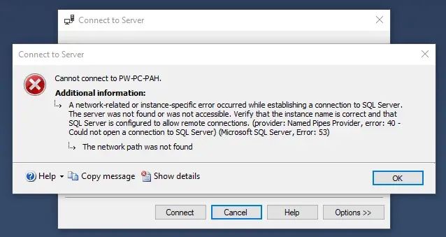 SSMS Network Related or Instance Error