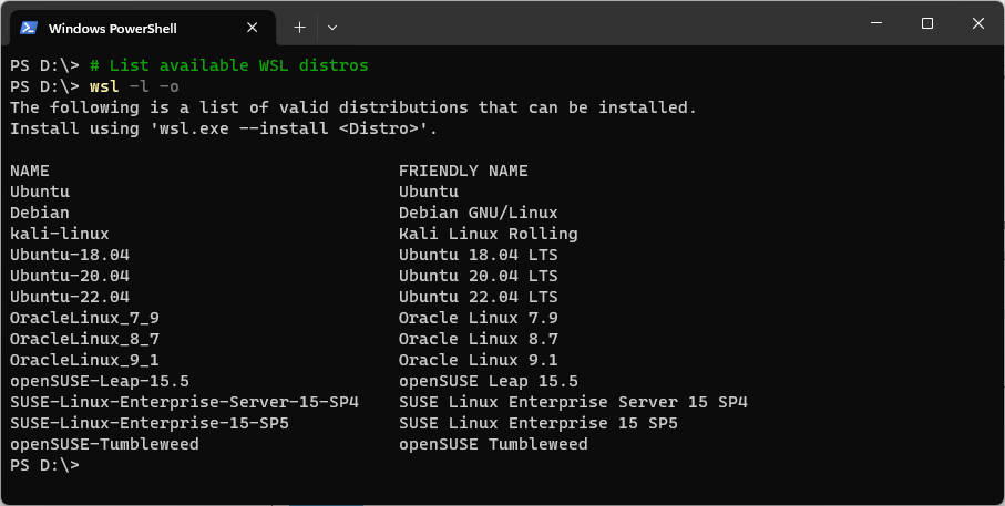WSL List Available Linux Distros