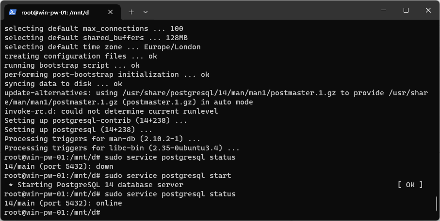 WSL Ubuntu Start Postgres SQL Service