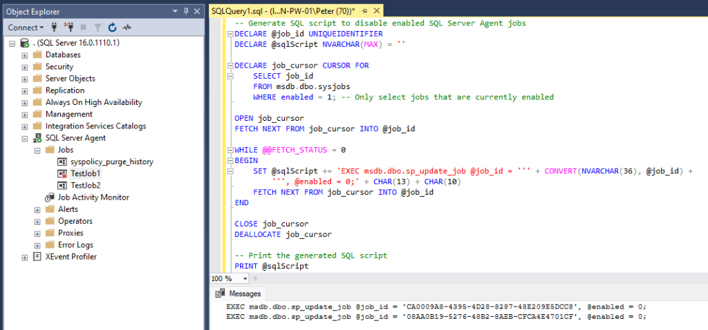 Disable all SQL Server Agent Jobs Script