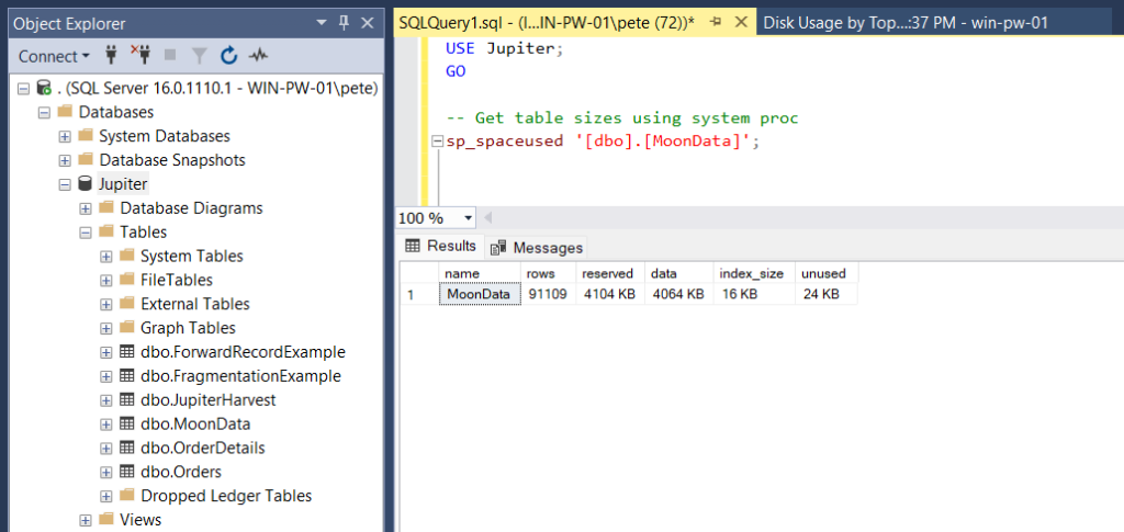 sp_spaceused SQL Server Table Size