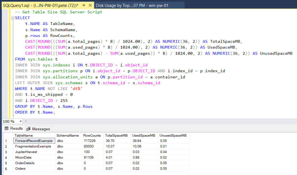 SQL Script Get Table Sizes