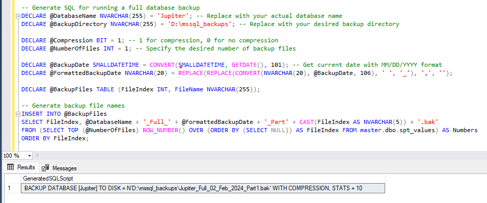 SQL Server Generate Backup Database Script
