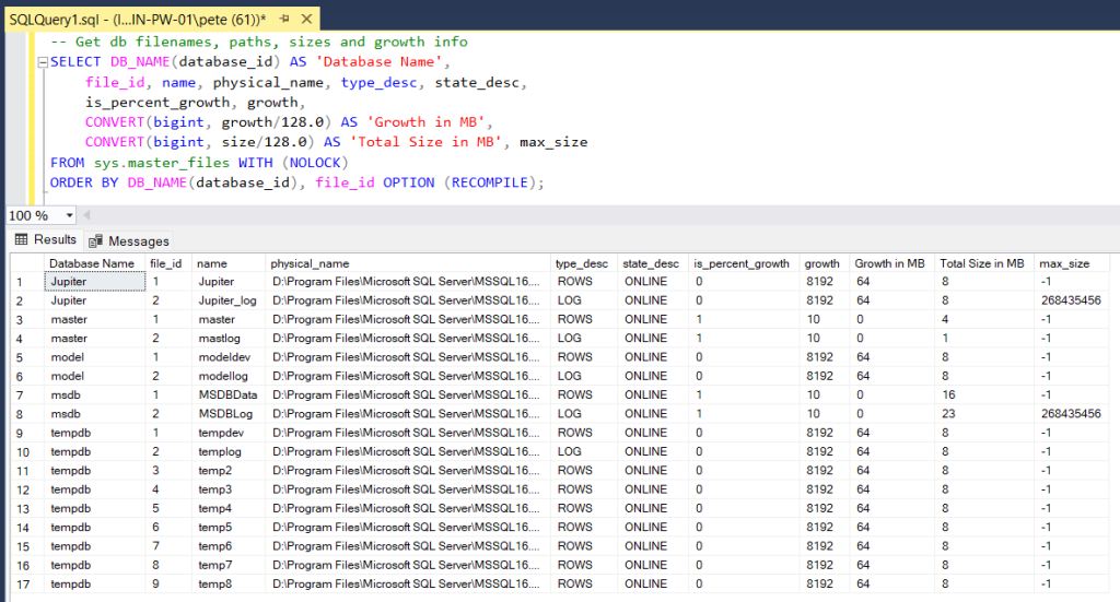 SQL Server Get Database File Information