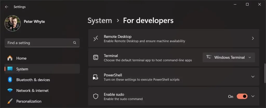 Windows Settings for Developers Enable Sudo
